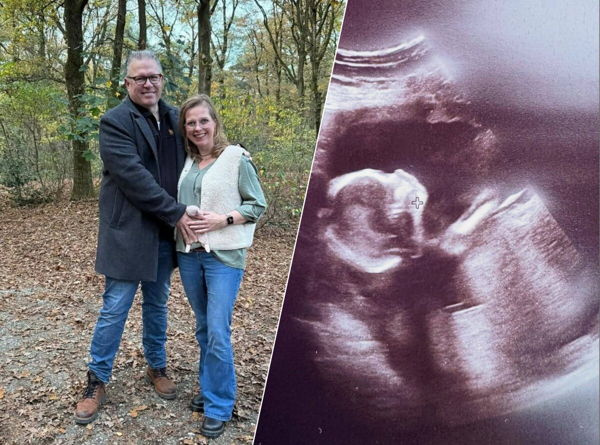 Ivan en de zwangere Linda Kraan van de familie De Kraantjes. Rechts: De echo van de baby die de tiende wordt voor het gezin Kraan.