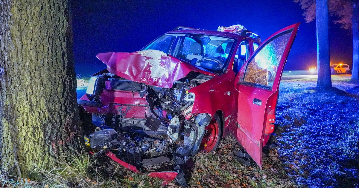 Automobiliste gewond na frontale botsing met boom op de Bunnerveenseweg in Peize