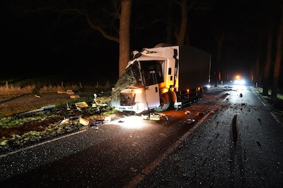 Ravage nadat vrachtwagen tegen boom botst bij Dalfsen, kratten met brood in de berm
