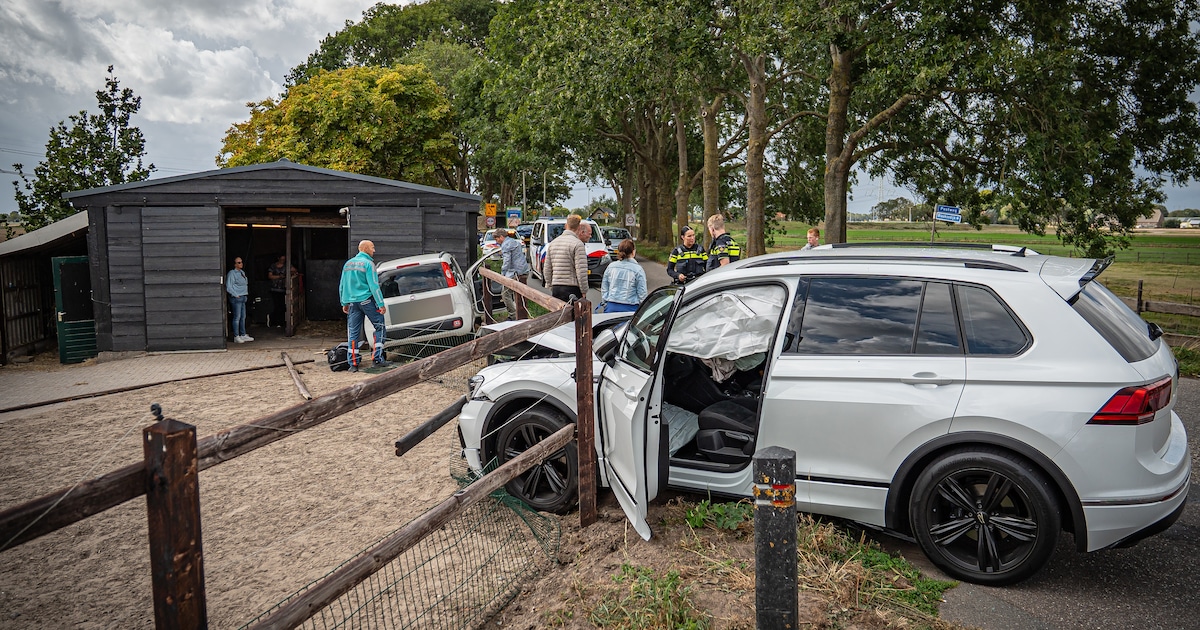 Auto rijdt door hek van renbak voor paarden heen na botsing in Puttershoek
