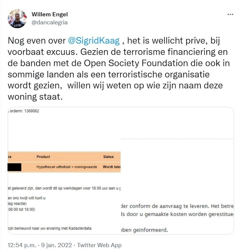 Het omstreden bericht op Twitter van Willem Engel, dat inmiddels is verwijderd. Uit privacyoverwegingen heeft deze website de adresgegevens wél onzichtbaar gemaakt