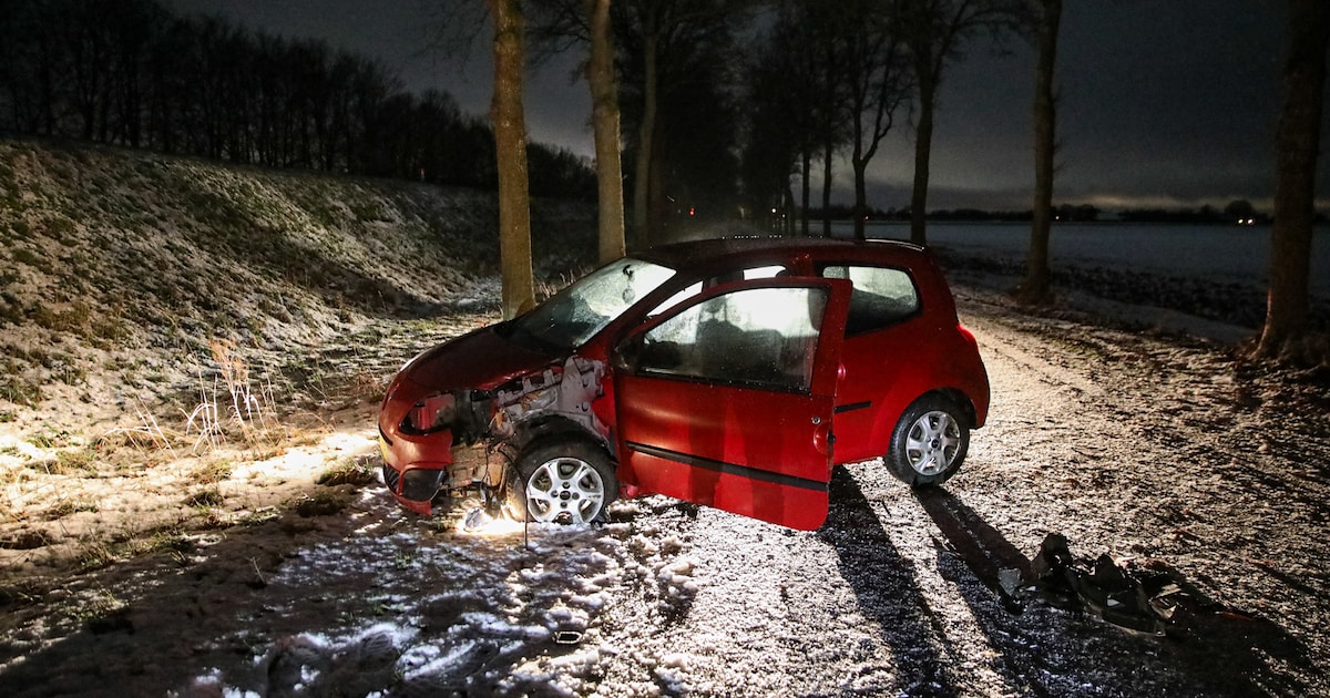 Auto botst tegen boom door gladheid in Slochteren