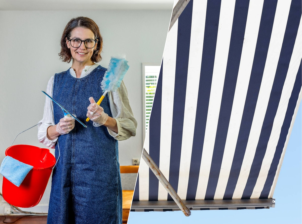 vogelpoep van zonnescherm halen