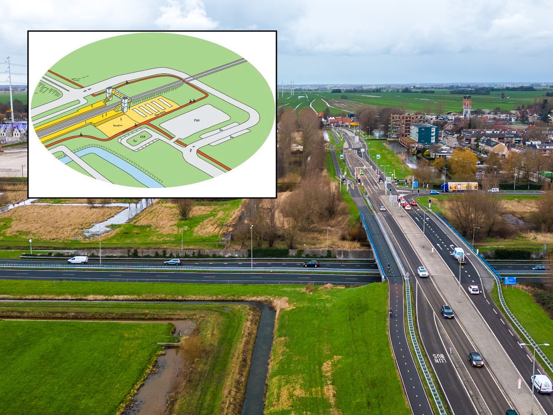 De plek van het nog nieuw te bouwen station in Hazerswoude-Rijndijk. Inzet: een voorzichtige situatieschets van het toekomstige station. Hier kan nog het een en ander aan veranderen.