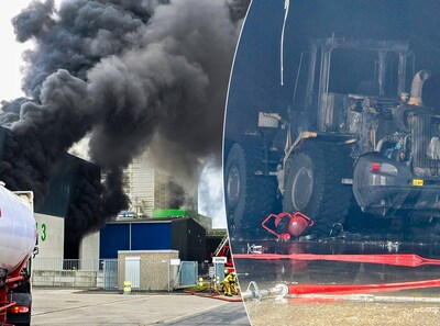 Grote brand in opslagloods geblust: ‘Het is jammer, maar geen grote ramp’ // Op verjaardag van eigenaar vliegt opslagloods in brand: ‘Het is jammer, maar geen grote ramp’ // Grote brand in opslagloods geblust: ‘Een shovel vloog in brand, terwijl een man daar nog op zat’