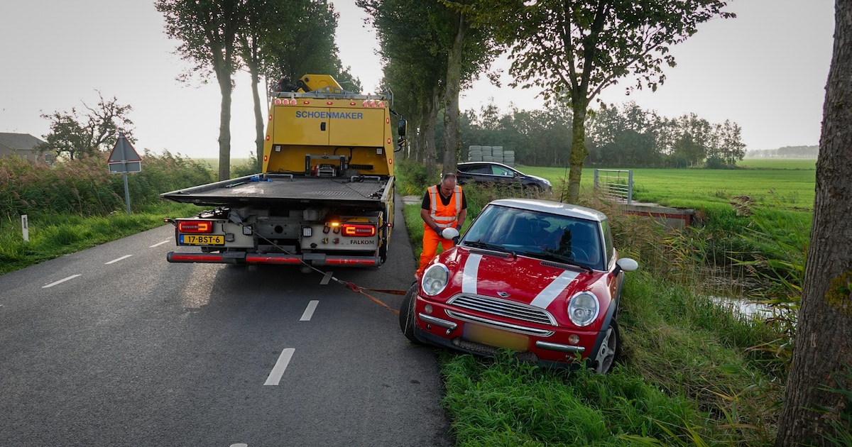 Rode Mini raakt van de weg in Noordbeemster