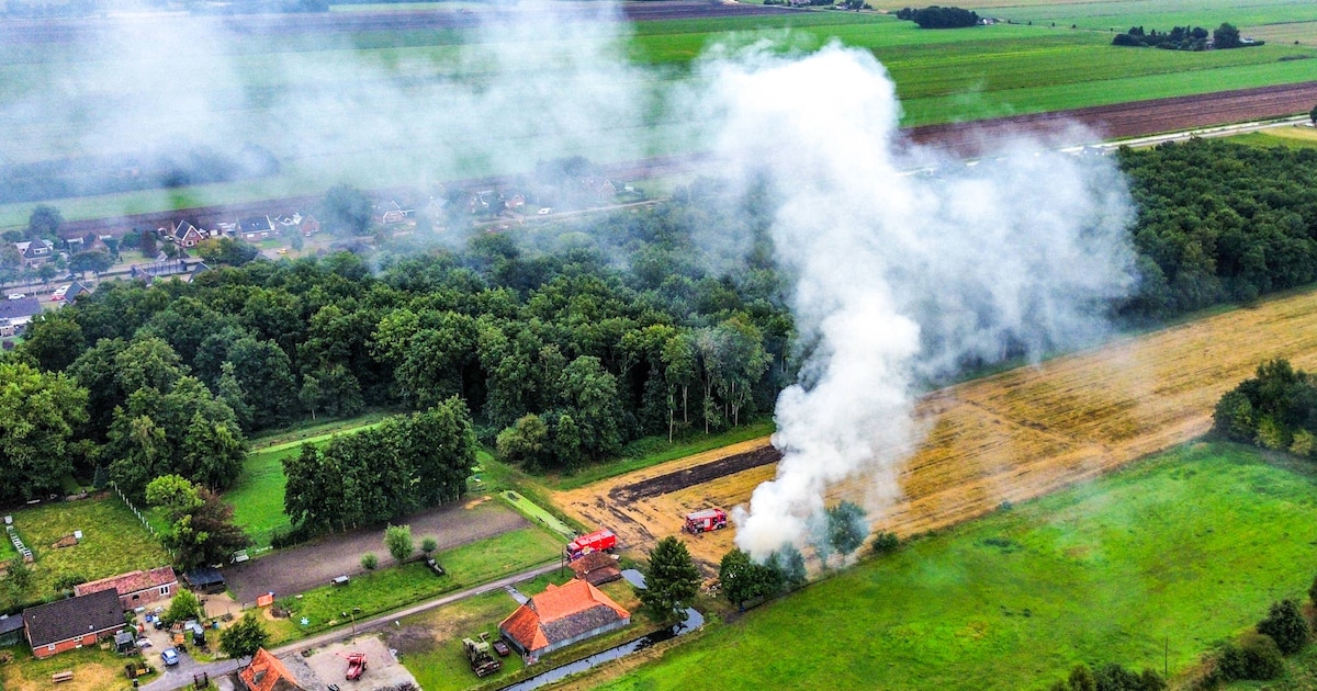 Grote rookontwikkeling bij brand op erf in Roswinkel, brandweer druk met blussen