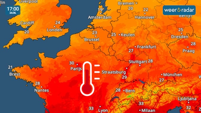 Een voorbeeld van een rode weerkaart van WeerRadar.