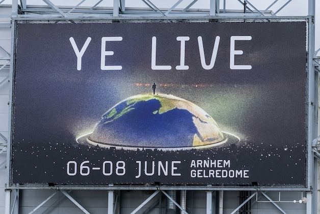 Banners with Ye Live on and near the Gelredome stadium where American rapper Ye performs.