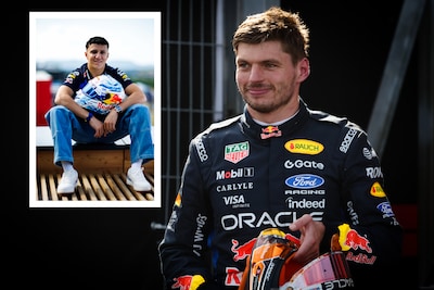 Isack Hadjar rijdt net als Verstappen met Delfts blauwe helm, met ludieke verwijzing naar gebroken beker