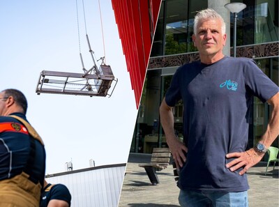 Glazenwasser Paul hangt uur lang op 20 meter hoogte in Rotterdam: ‘Het was wel even spannend’