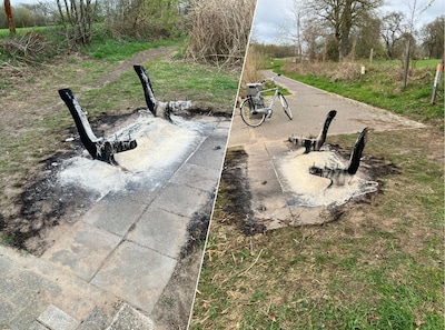 Vandalen vernielen bankje bij Reggeveer in buitengebied Wierden, alleen betonnen staanders nog overe