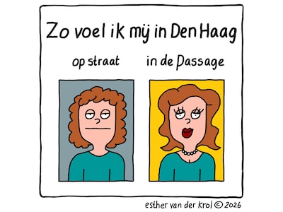 Cartoon: 'Wandelen door Den Haag doet rare dingen met een mens, vooral in de Passage'